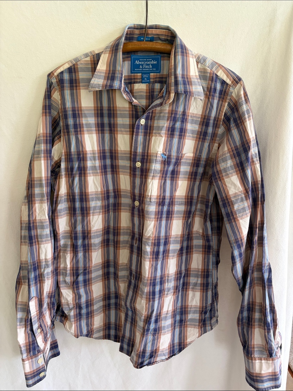 Abercrombie & Fitch Plaid Button-Down Shirt - Blue, Tan & White